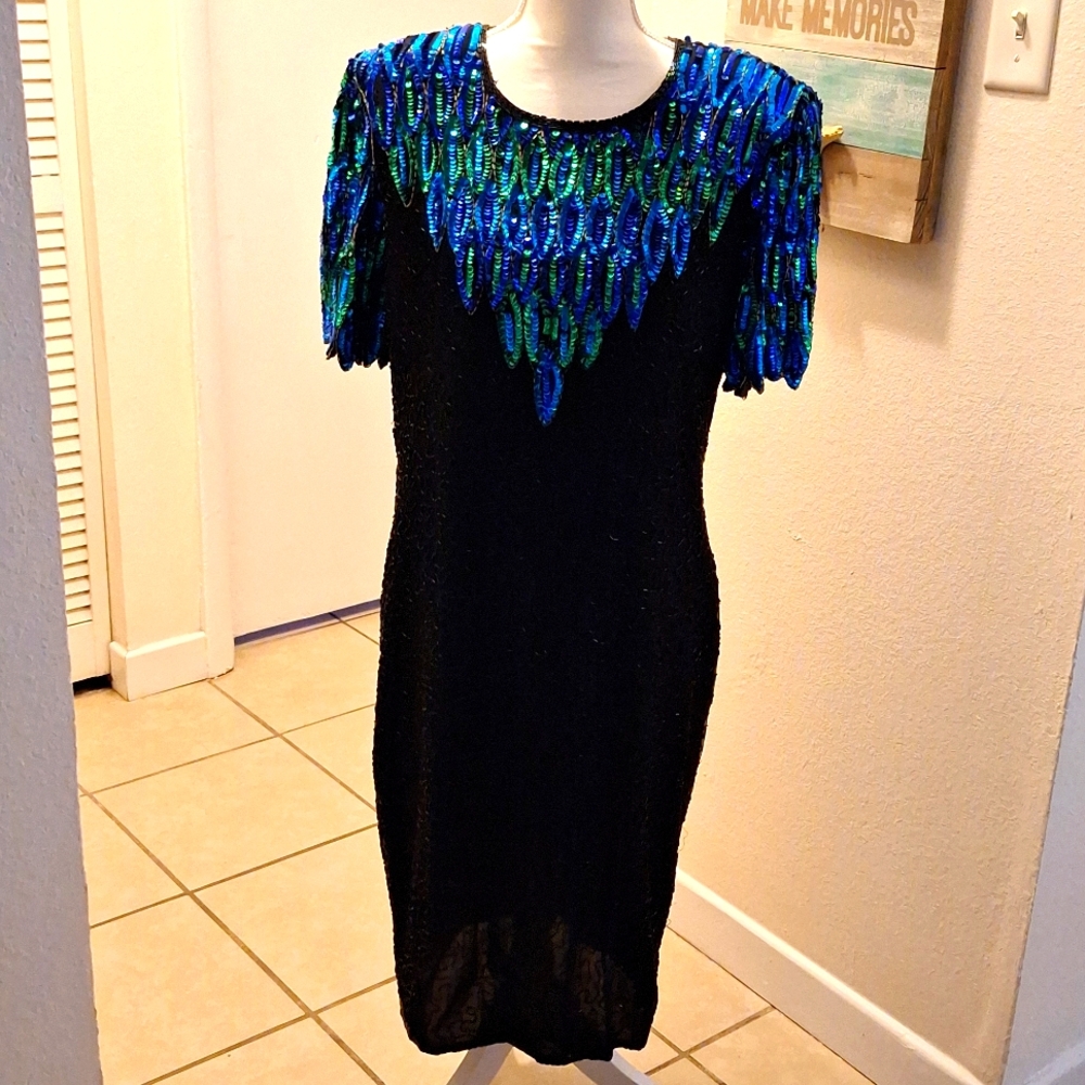 Stenay Sz.14 sequin embellished dress black, blue, and green top in sequins